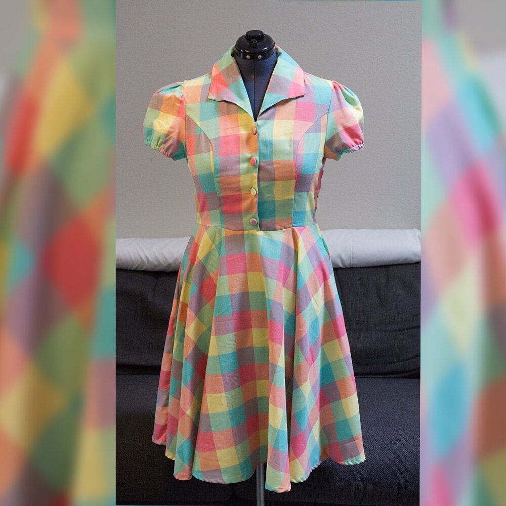 1950s Style Pastel Plaid Swing Dress with Cap Sleeve XL - Picture 2 of 12